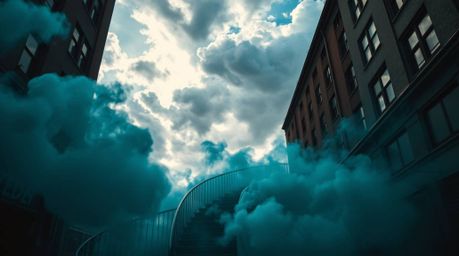 A captivating street photograph depicting a winding stairway crafted from smoke and light, leading upwards into a vast and cl