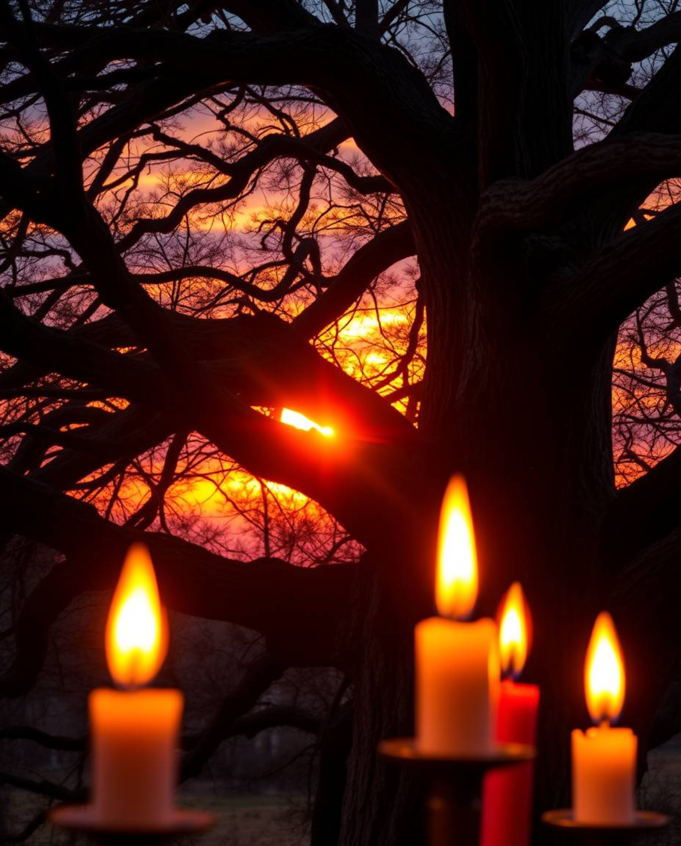 Warm candlelight illuminates a sunset behind an old oak tree with twisted branches, creating a scene with vibrant complementa