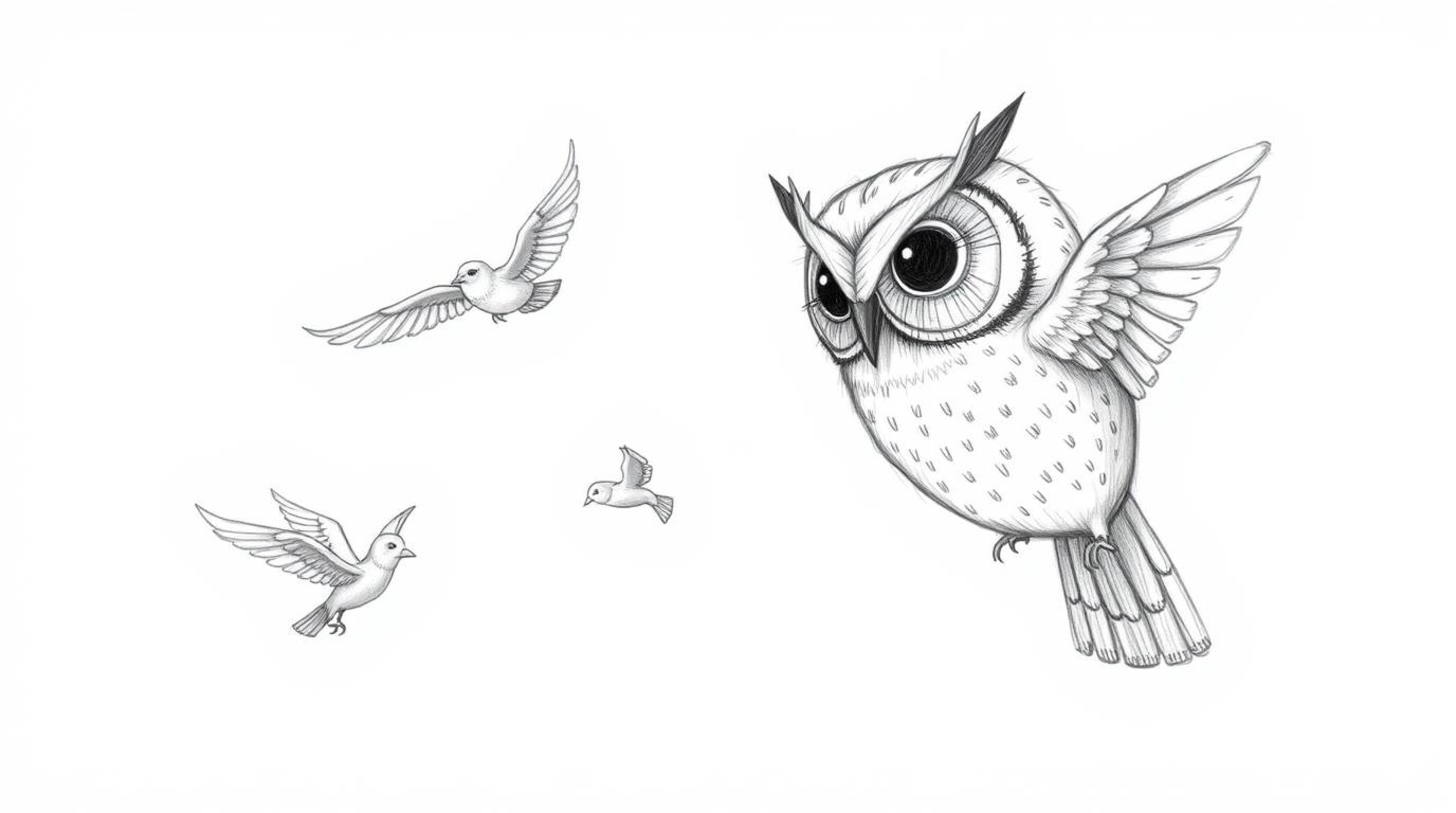 A captivating hand-drawn pencil sketch depicts a blind owl, rendered in a Pixar-esque style with large, expressive eyes, enga