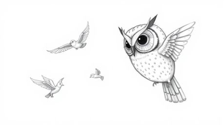 A captivating hand-drawn pencil sketch depicts a blind owl, rendered in a Pixar-esque style with large, expressive eyes, enga