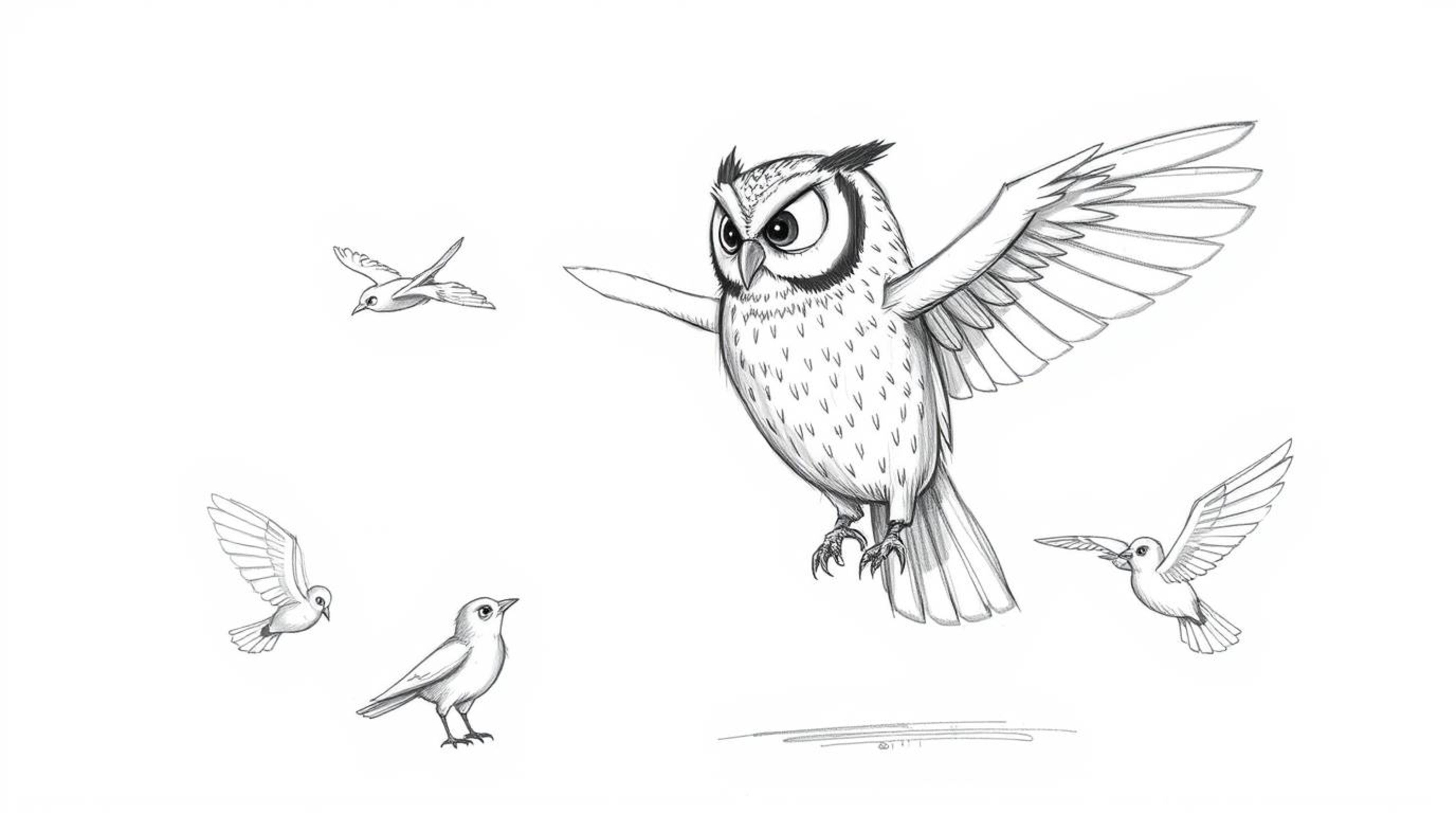 A captivating hand-drawn sketch in the style of Pixar depicts a blind owl, its plumage meticulously detailed with textured pe