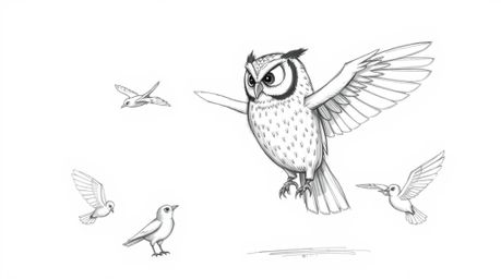 A captivating hand-drawn sketch in the style of Pixar depicts a blind owl, its plumage meticulously detailed with textured pe