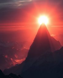 Witness an epic, modern, and futuristic scene of a sunset from a high alpine peak, presented on a massive scale. This breatht