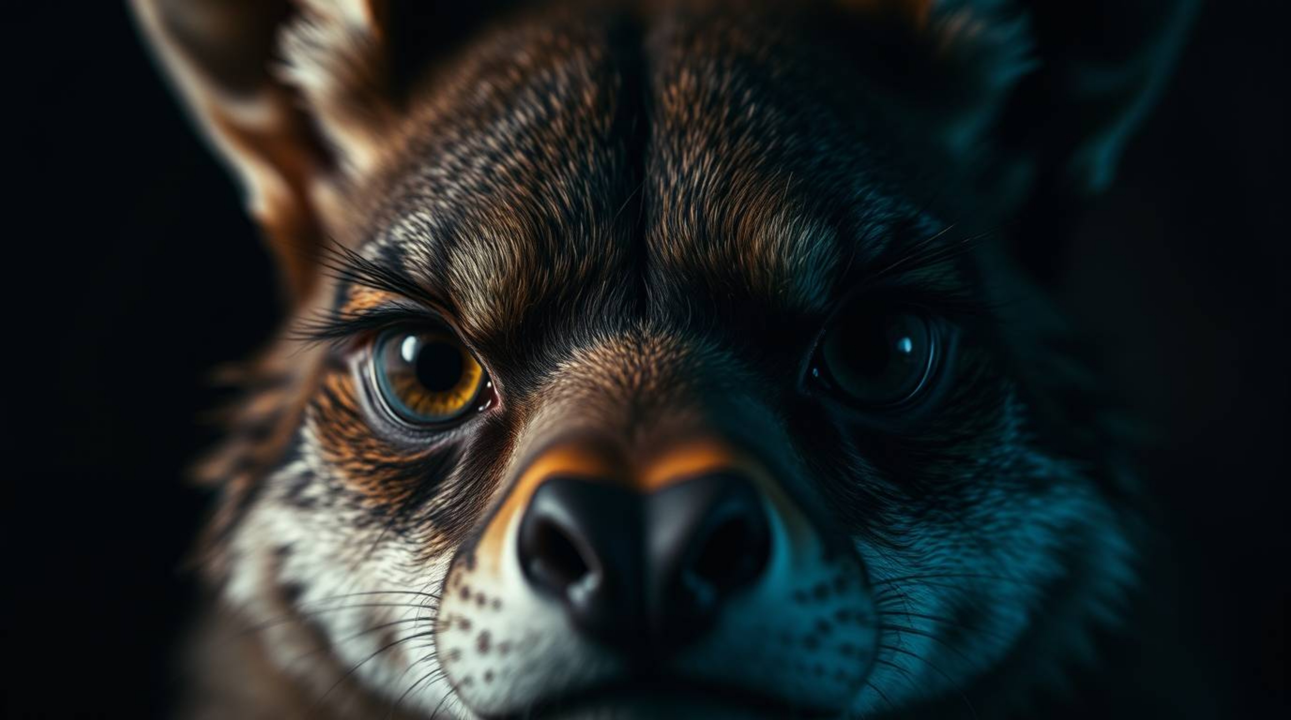 Capture a strong, moody style with a tight close-up shot of a sarcastic animal sidekick.  The image features expressive eyes,
