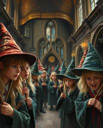 Immerse yourself in a tight close-up of a magical school teeming with young wizards, brought to life in a classic oil paintin