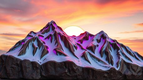 A cast bronze sculpture depicting snow-capped mountains glowing with electric vivid colors under a pastel sunset. The artwork
