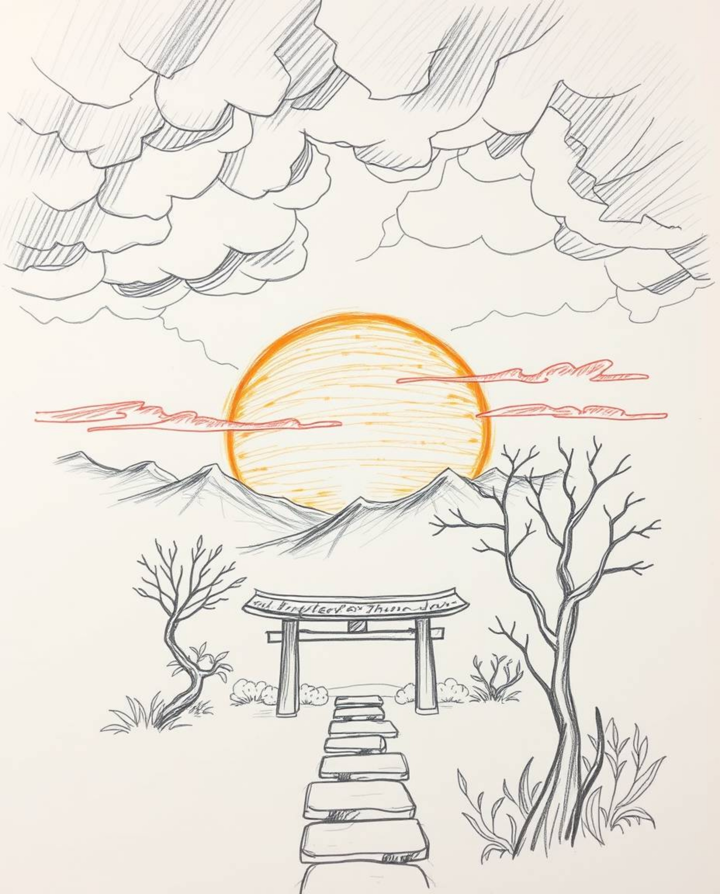 A hand-drawn sketch of a dramatic sunset over a serene Zen garden, rendered in rough pencil strokes on a white background. Th