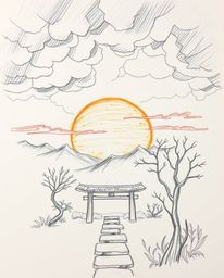 A hand-drawn sketch of a dramatic sunset over a serene Zen garden, rendered in rough pencil strokes on a white background. Th