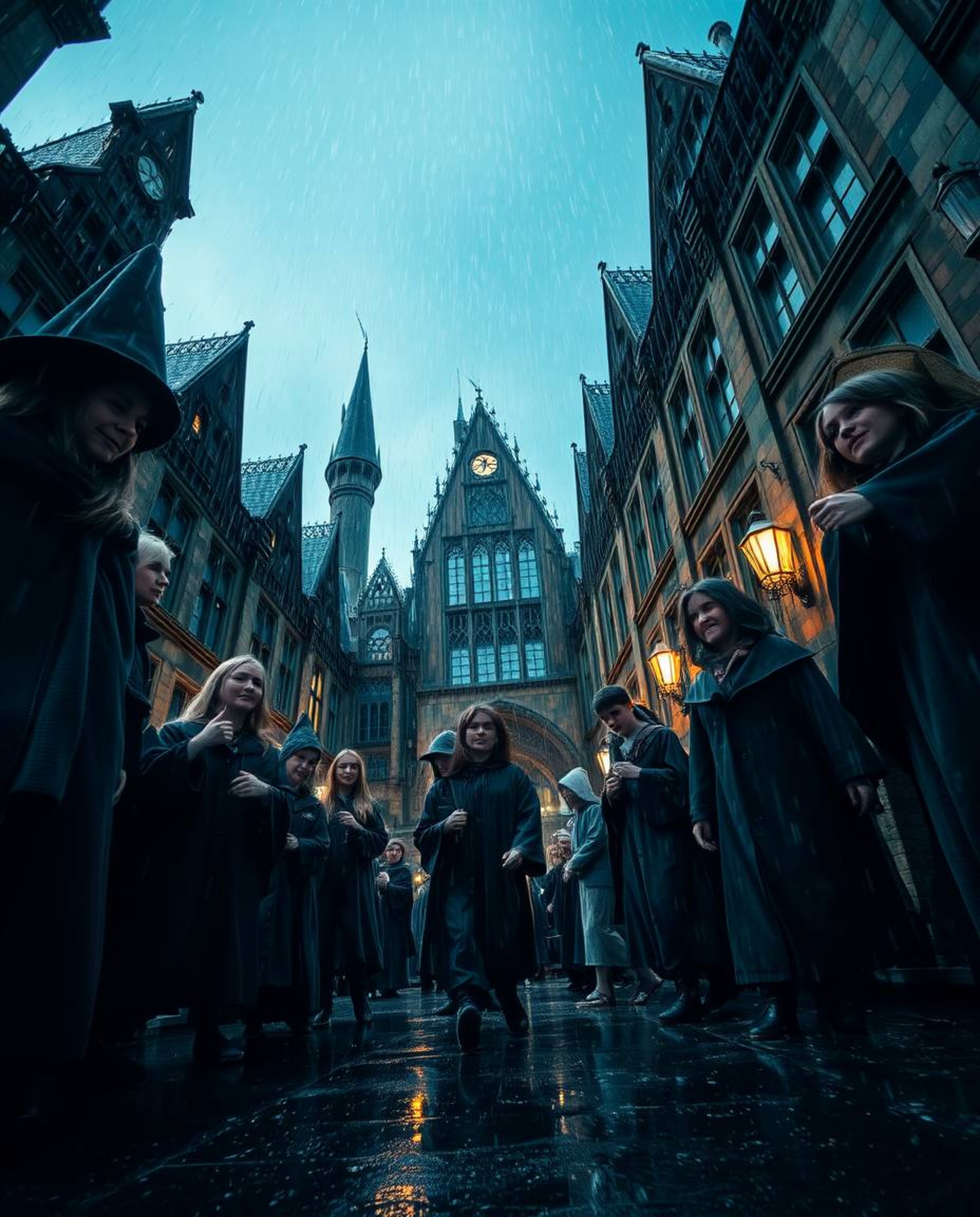 Capture the enchanting atmosphere of a magical school teeming with young wizards in a captivating low angle shot. This image