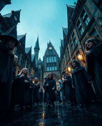 Capture the enchanting atmosphere of a magical school teeming with young wizards in a captivating low angle shot. This image