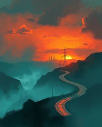 This is a misty, atmospheric, and dynamic digital sketch in a concept-art style, depicting a sunset sky over a winding coasta