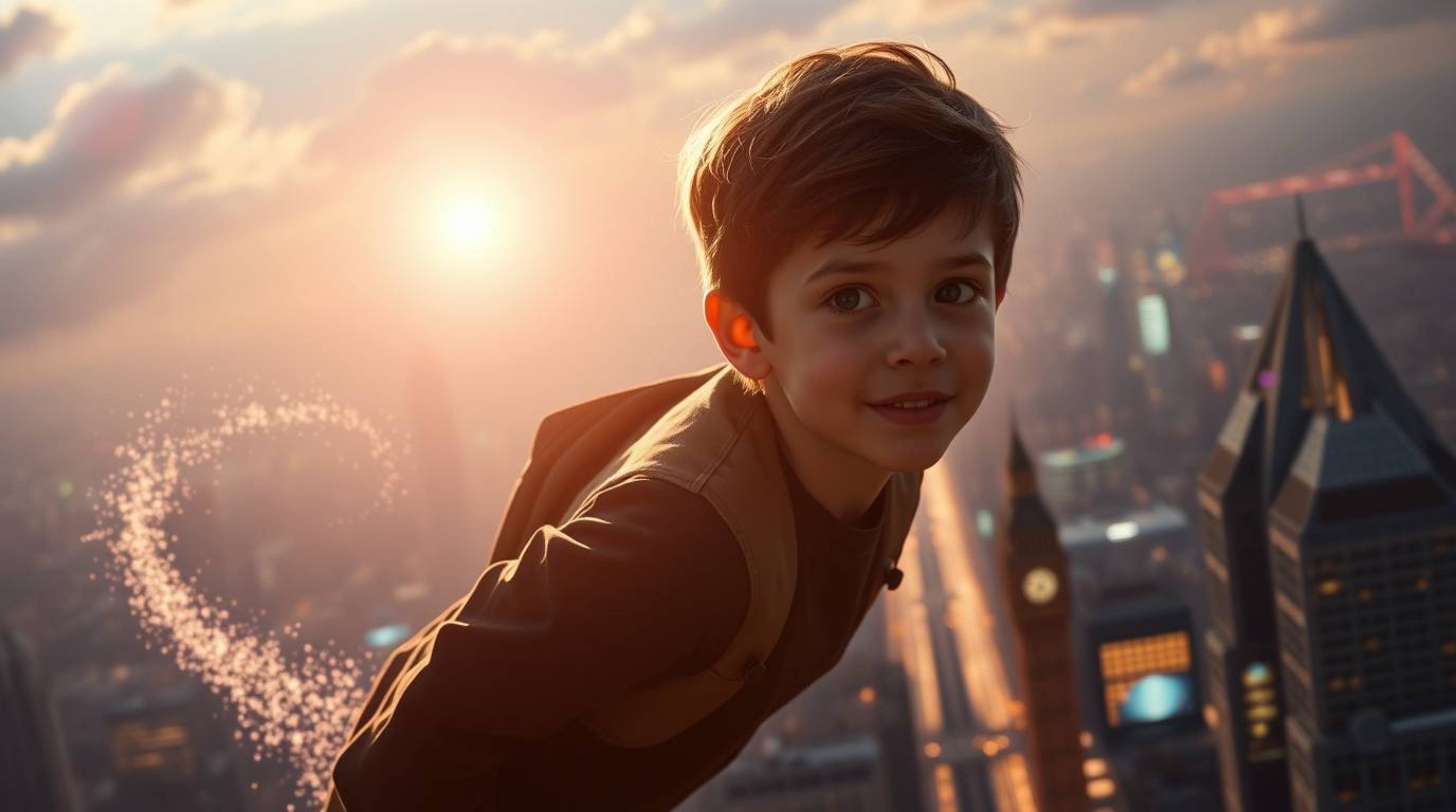 A young boy with short brown hair, silhouetted against a bright light, soars above a futuristic London cityscape, leaving a t