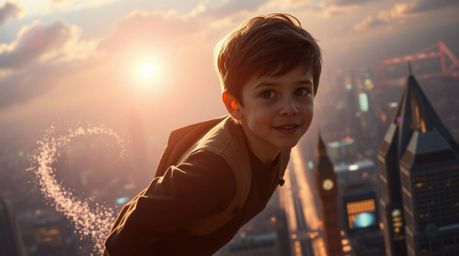 A young boy with short brown hair, silhouetted against a bright light, soars above a futuristic London cityscape, leaving a t