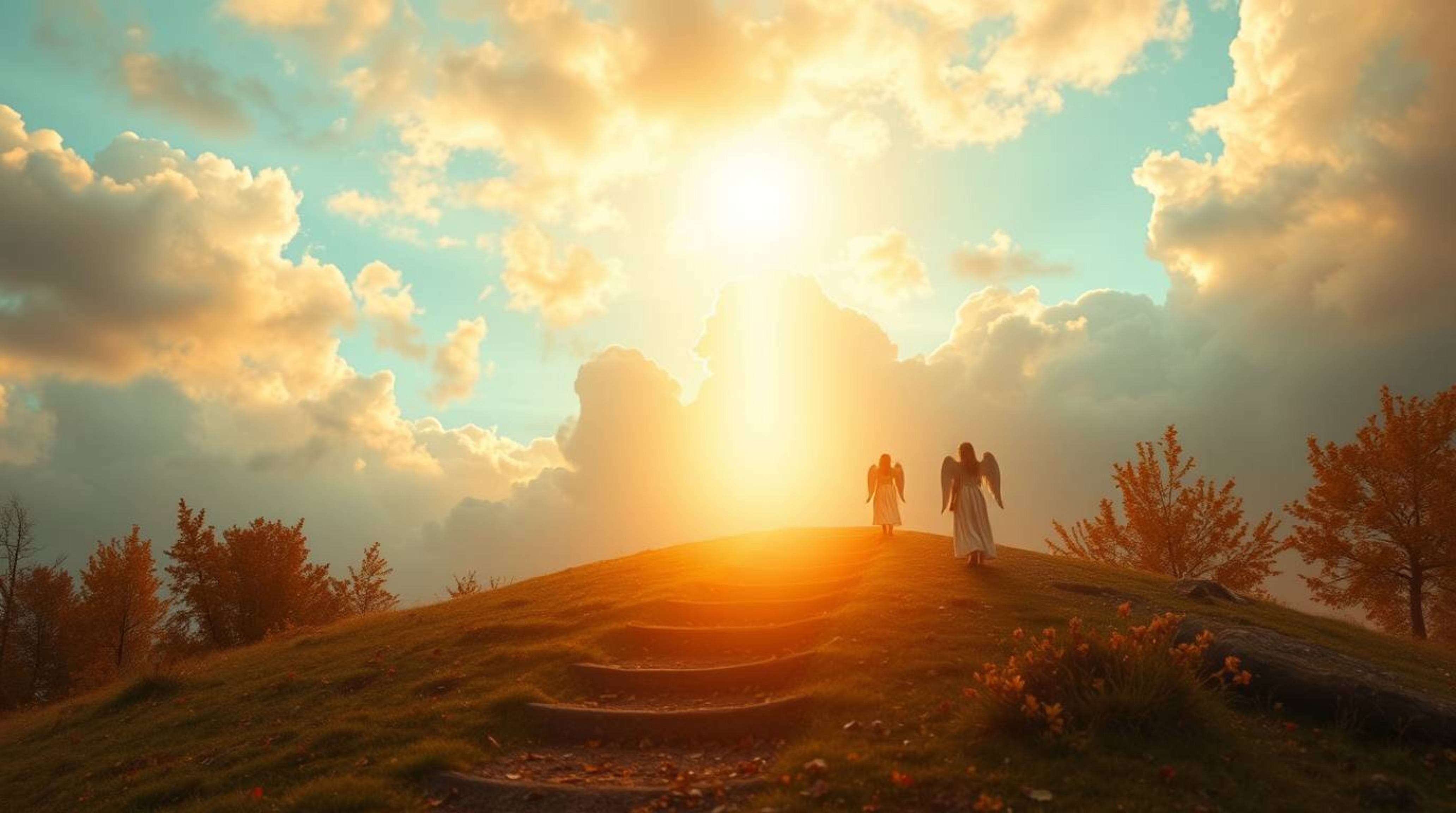 Immerse yourself in a dreamlike scene where warm autumn colors gently illuminate steps of light ascending into a cloudy sky. 