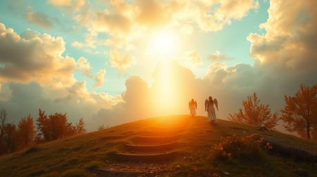 Immerse yourself in a dreamlike scene where warm autumn colors gently illuminate steps of light ascending into a cloudy sky. 