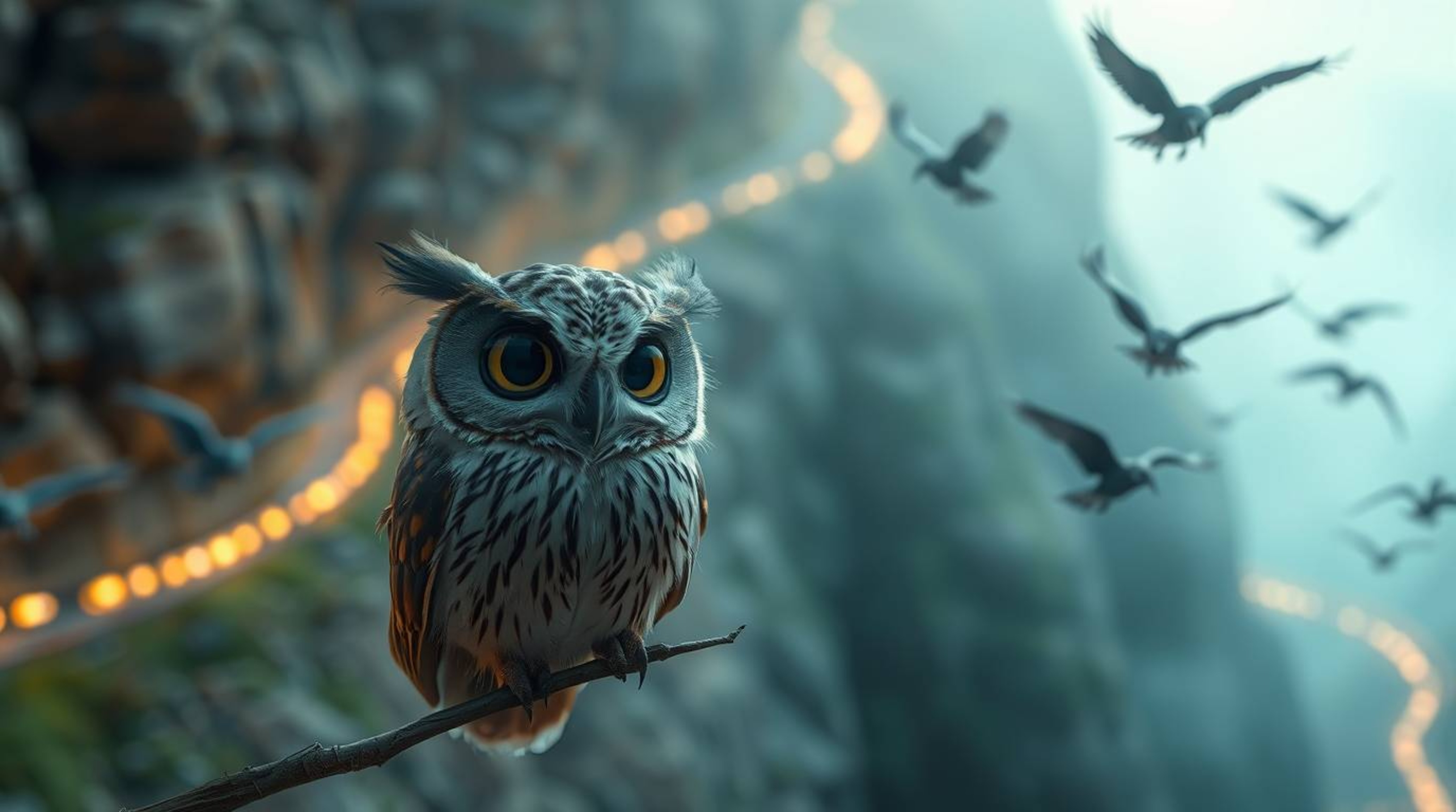 This piece of long exposure photography captures a mystical and ethereal scene featuring a Pixar-esque blind owl with soft, e