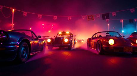 Experience a wildly imaginative racing scene featuring bizarre vehicles, captured from a dramatic low-angle perspective. Bath