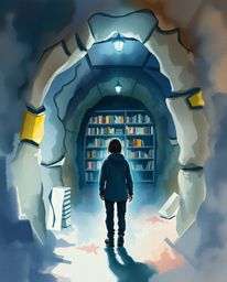 A delicate watercolor painting in a dramatic, cinematic style depicts a person discovering a hidden underground library. The 