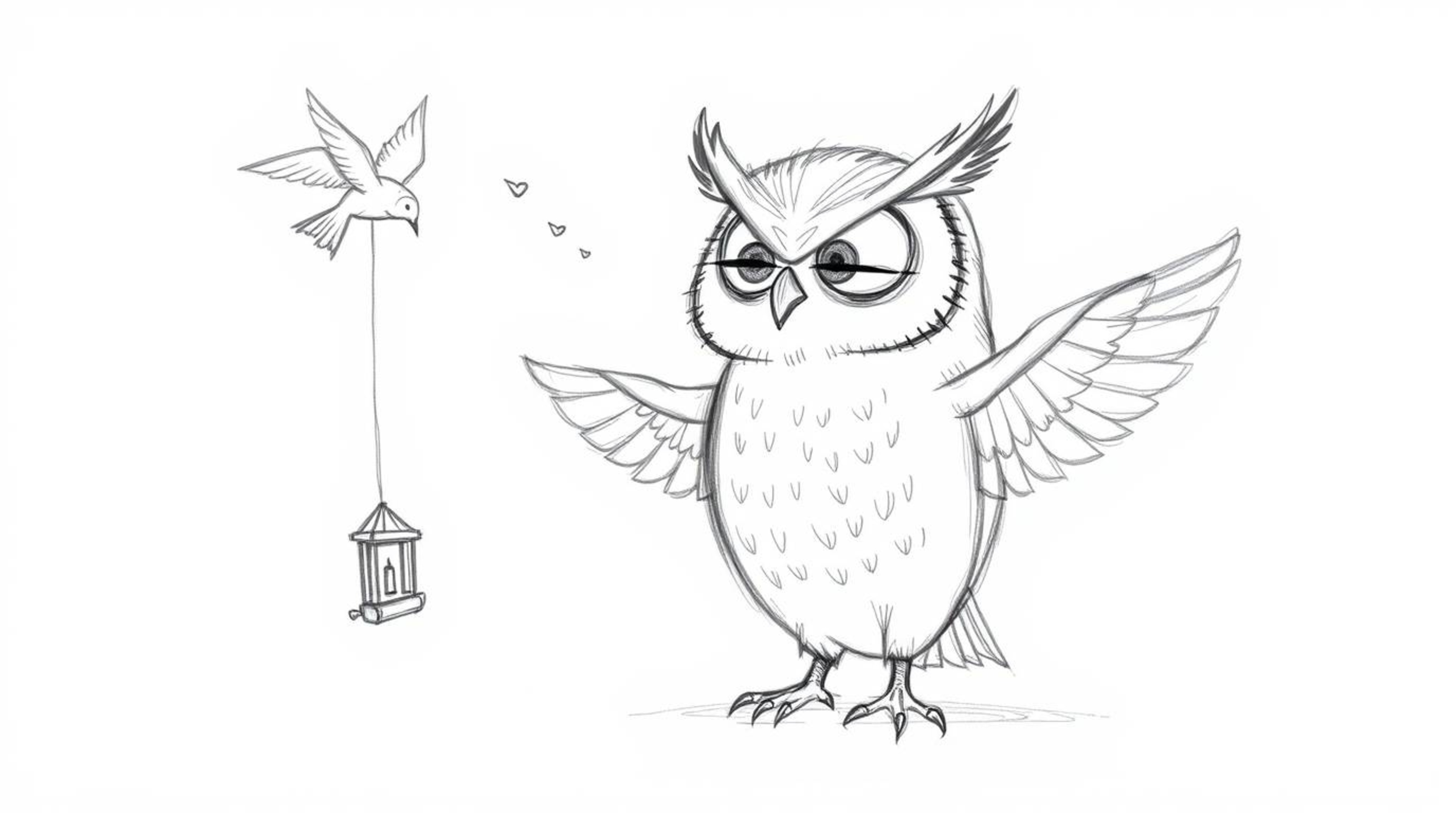 A whimsical, hand-drawn sketch in the style of Pixar depicts a wise, blind owl with expressive features, teaching birds how t