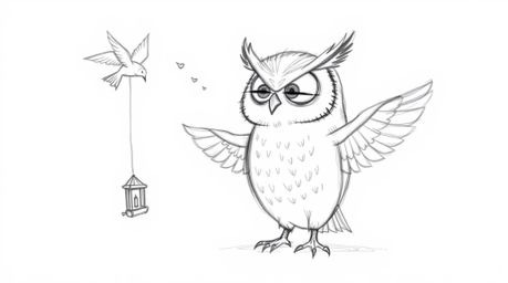 A whimsical, hand-drawn sketch in the style of Pixar depicts a wise, blind owl with expressive features, teaching birds how t