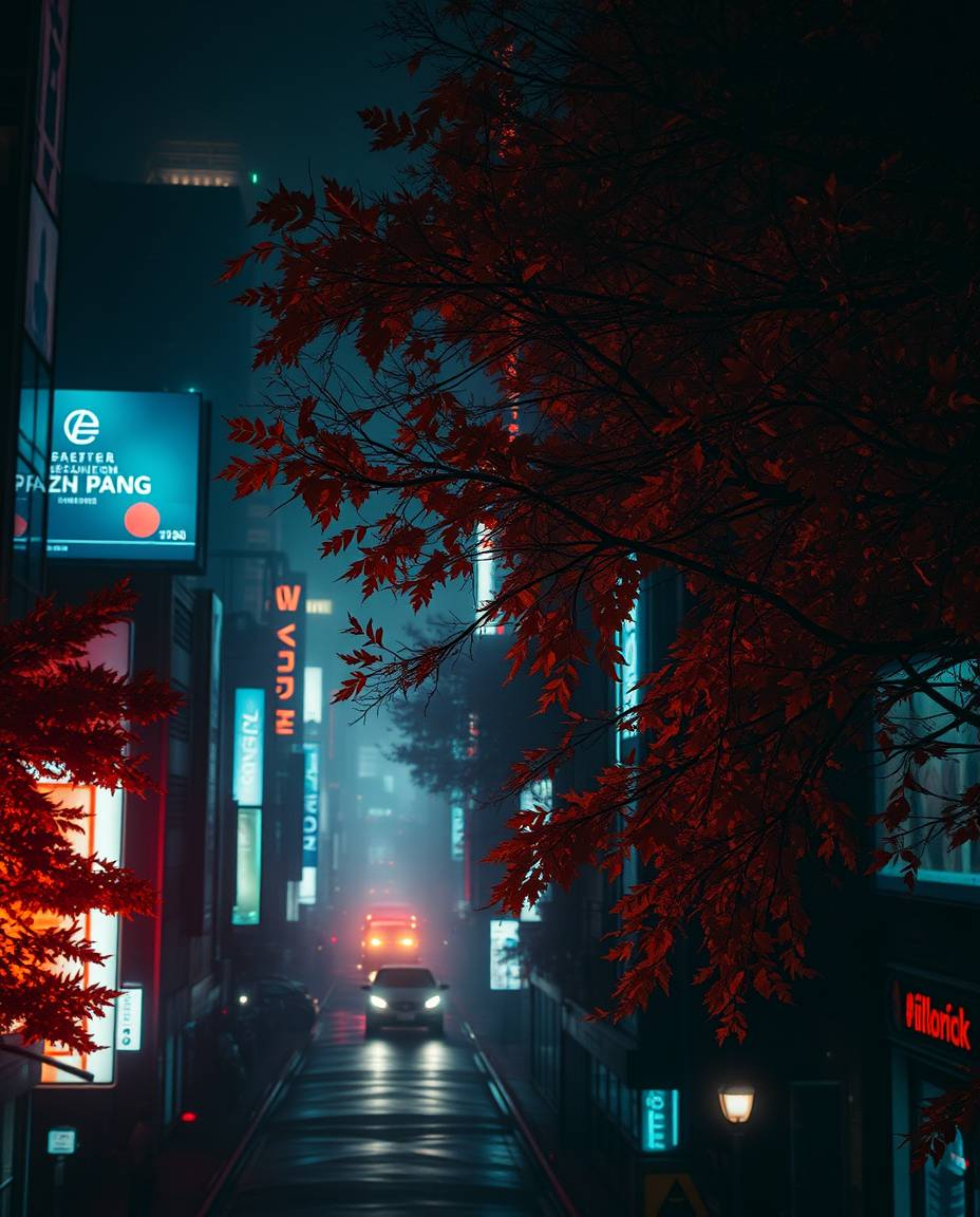 Explore a haunting futuristic cityscape rendered in glitch art.  Experience a unique blend of warm autumn colors and intense,