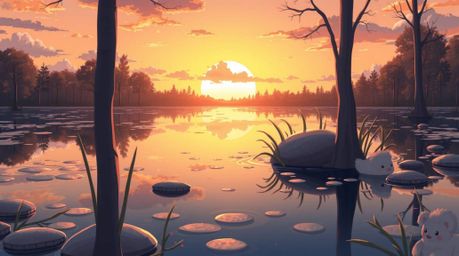 An adorable, anime-style depiction of a tranquil pond reflecting a vibrant sunset.  The scene features charming details and a