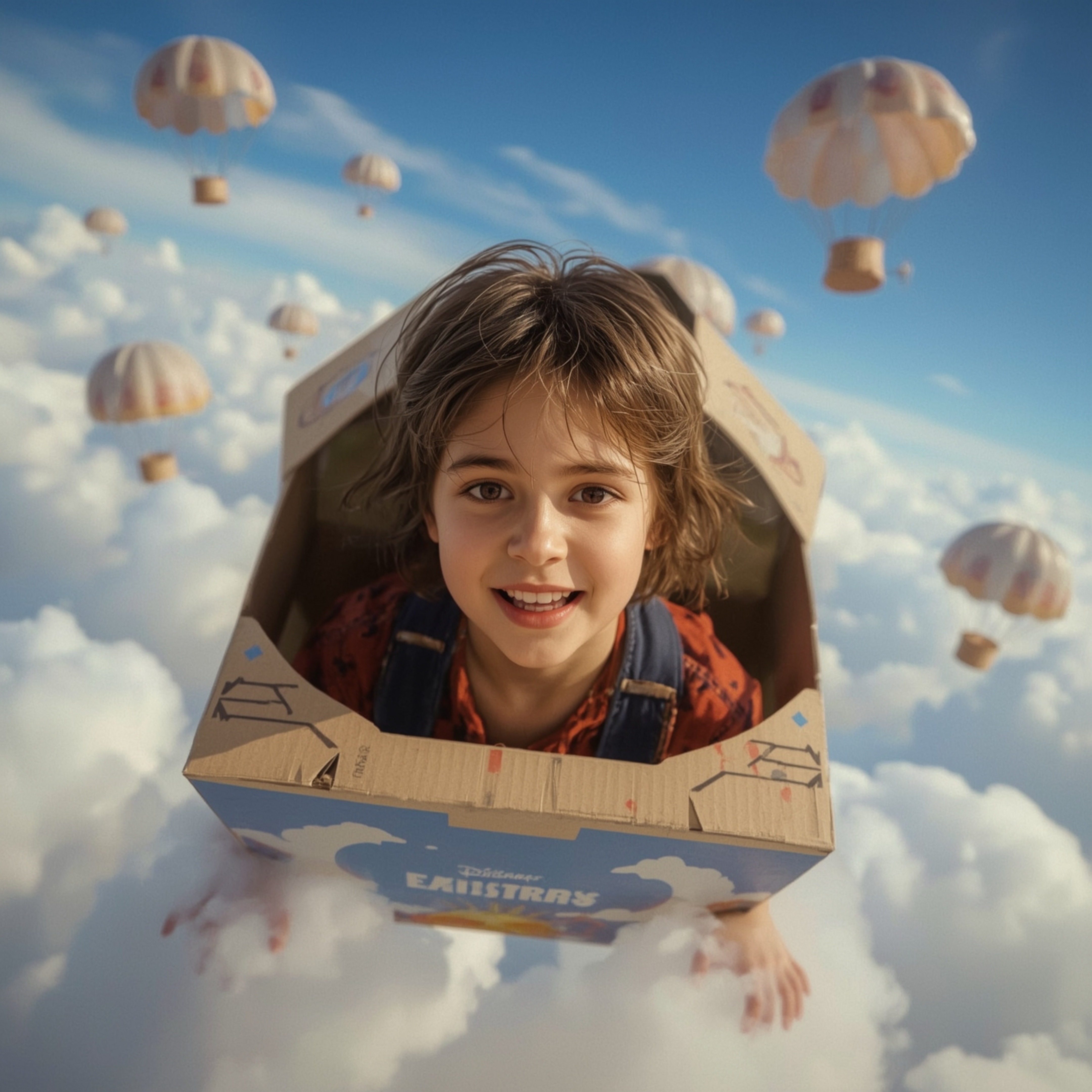 A captivating high-fashion photograph depicts a young boy, with a curious expression and bright eyes, meticulously constructi