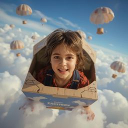 A captivating high-fashion photograph depicts a young boy, with a curious expression and bright eyes, meticulously constructi