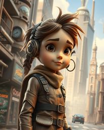 Discover a captivating bronze sculpture depicting a young inventor girl in a futuristic city.  Rendered in a charming Pixar-l