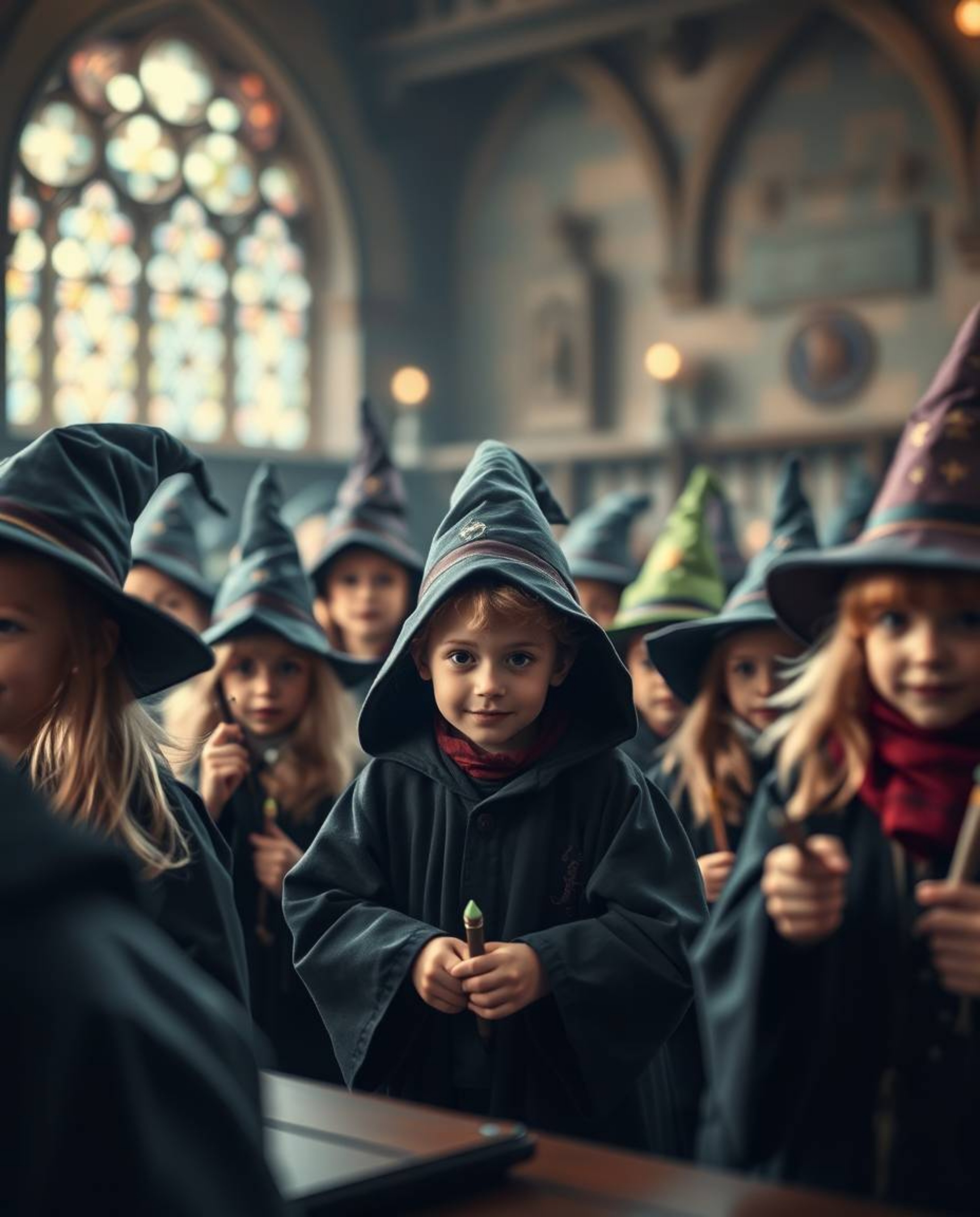 Immerse yourself in the enchanting world of a magical school teeming with young wizards, sharply defined against a softly blu