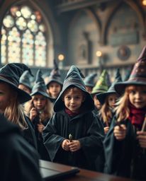 Immerse yourself in the enchanting world of a magical school teeming with young wizards, sharply defined against a softly blu
