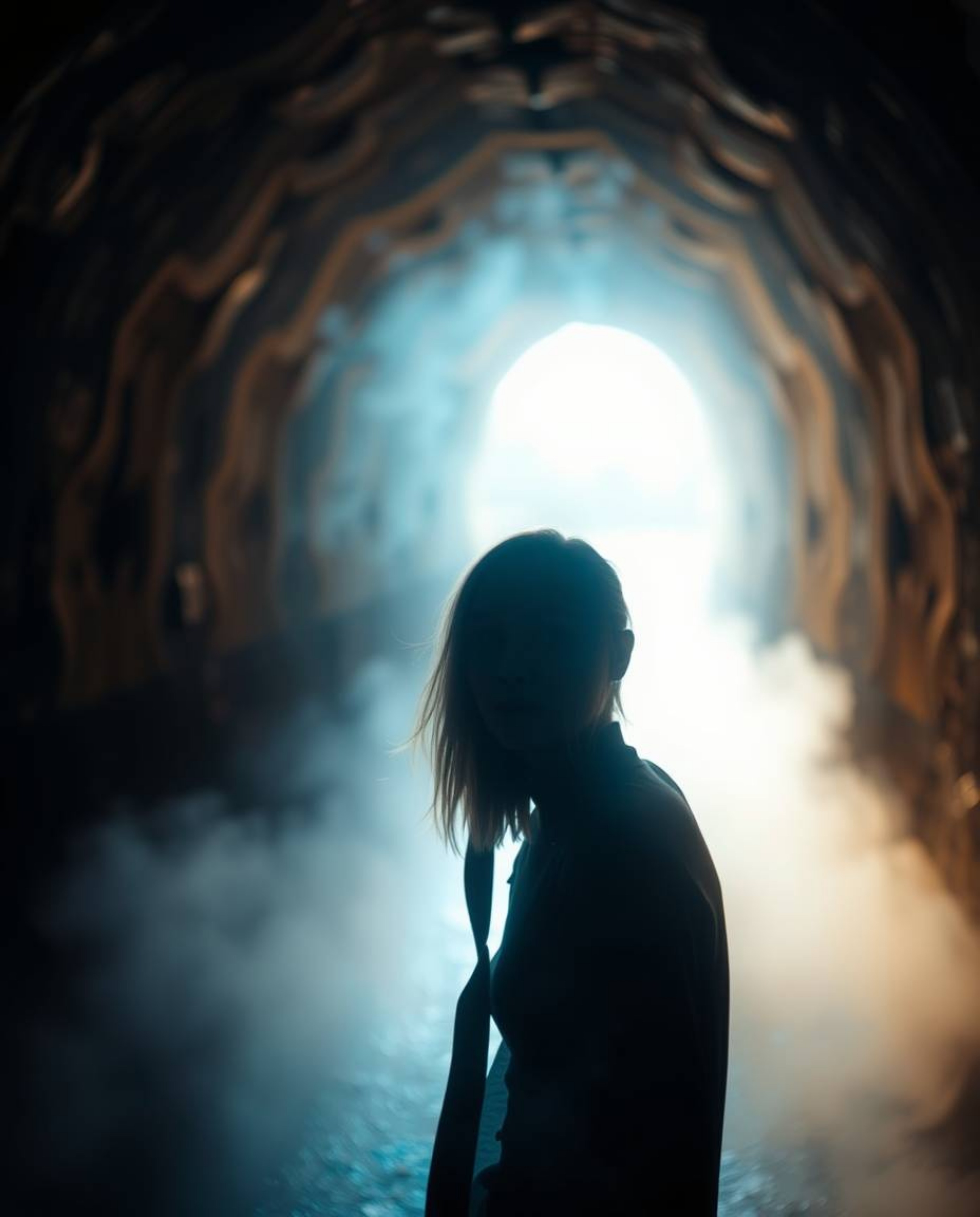 A captivating image depicts a person standing at a tunnel entrance, gazing towards a radiant light source. The scene is imbue