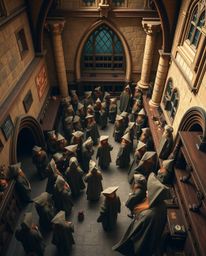 Discover a captivating high-angle perspective of a magical school brimming with young wizards.  Rendered in natural earth ton