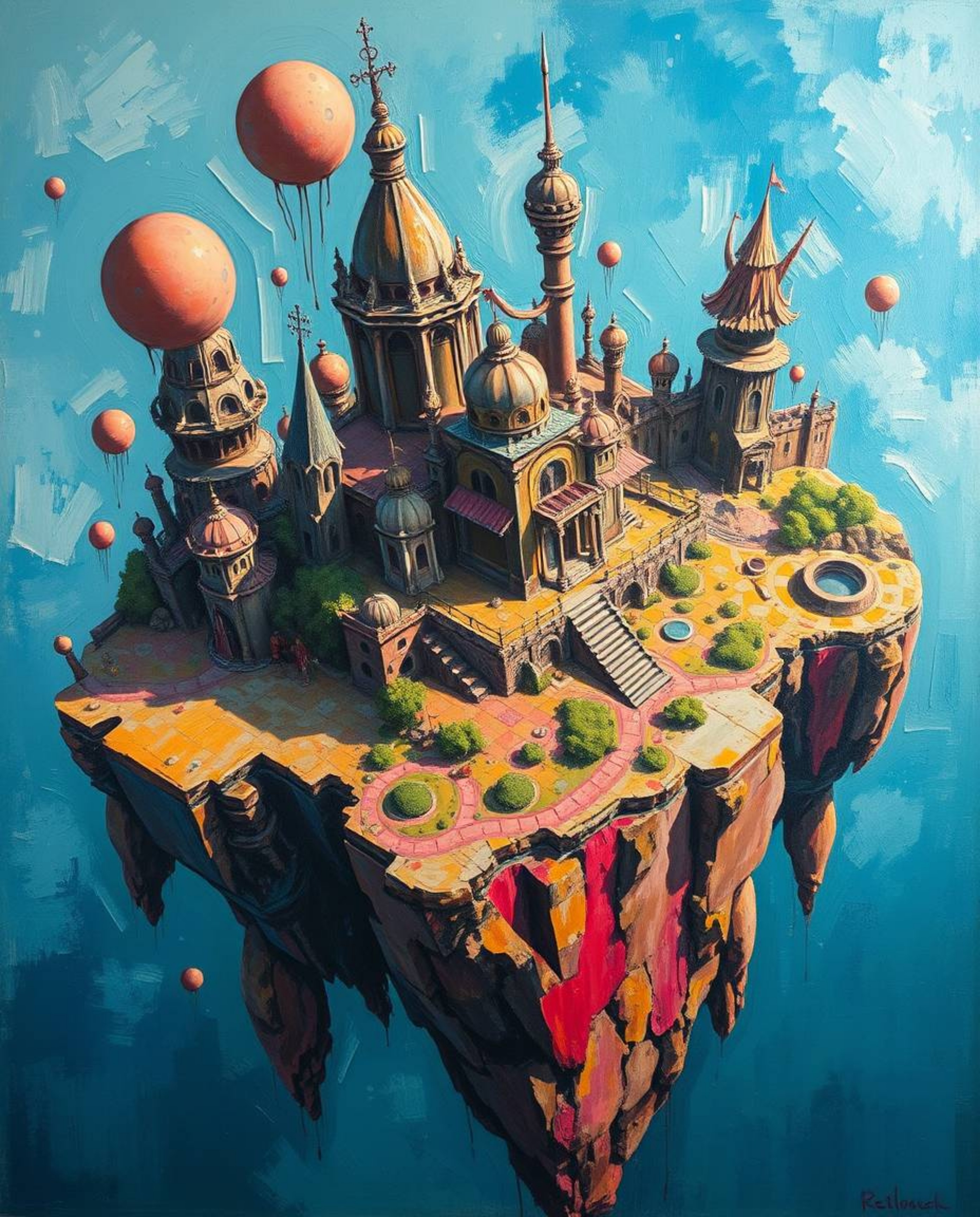 This stunning bold acrylic painting depicts a surreal floating island with strange architecture, captured from an overhead bi