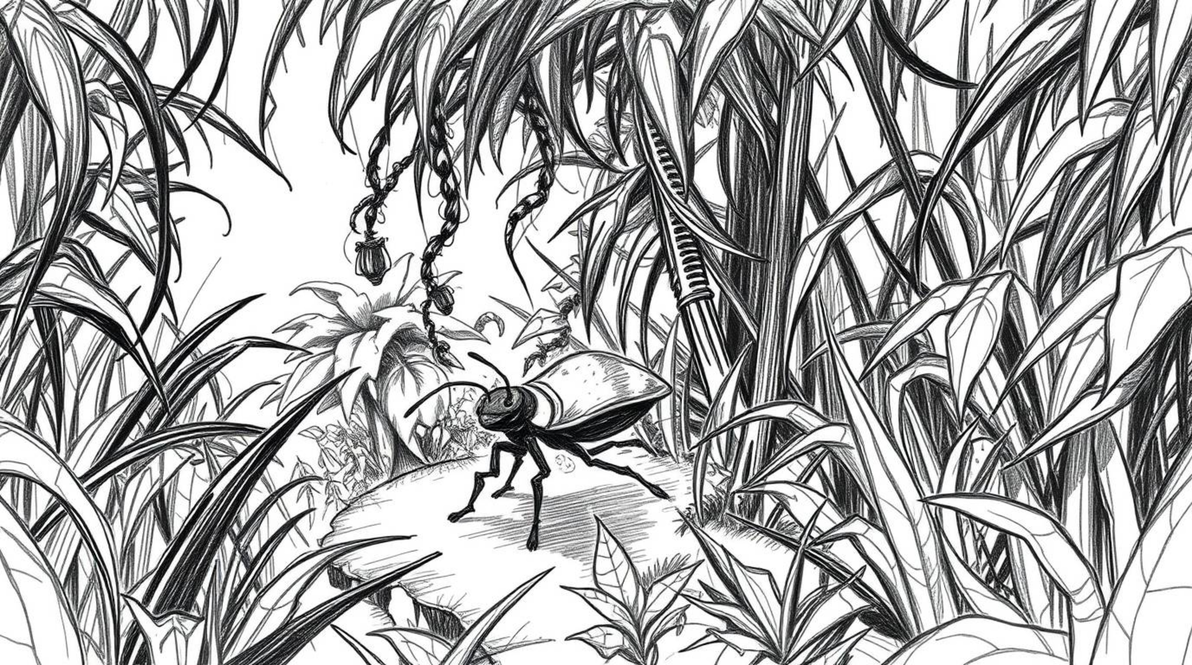 A hand-drawn sketch depicting a bug-sized hero bravely navigating a dense and overgrown backyard jungle. The scene is rendere