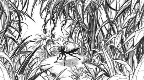 A hand-drawn sketch depicting a bug-sized hero bravely navigating a dense and overgrown backyard jungle. The scene is rendere