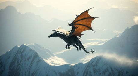 A breathtaking close-up depicts a majestic dragon and its rider soaring gracefully above a breathtaking landscape of icy moun