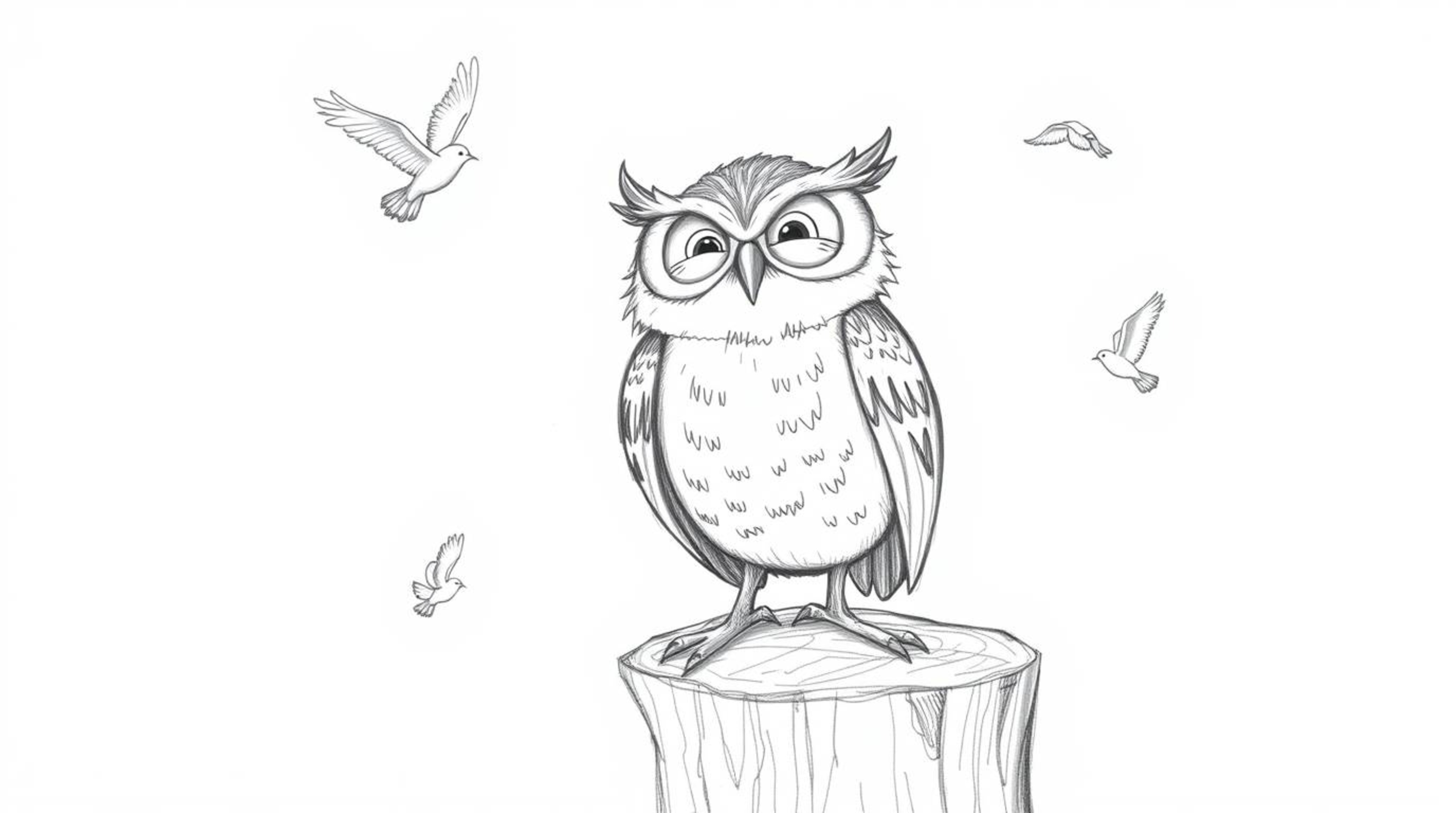 A heartwarmingly hand-drawn sketch depicts a blind owl, rendered in a Pixar-esque style, radiating pure joy with a wide grin.