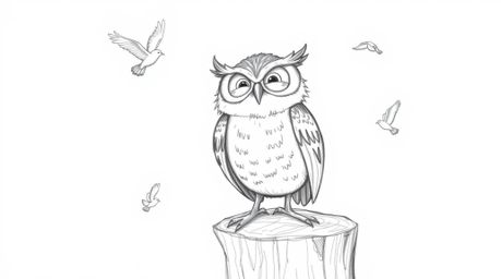 A heartwarmingly hand-drawn sketch depicts a blind owl, rendered in a Pixar-esque style, radiating pure joy with a wide grin.