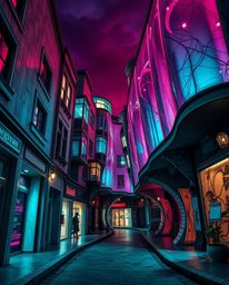 This artwork depicts a surreal street scene characterized by folding and twisting buildings, rendered in rich, deep teal and 