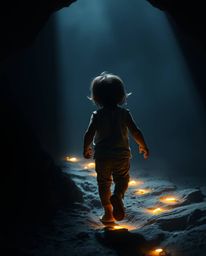 A child with fair skin and dark hair is depicted venturing into a mysterious cave, guided by a trail of glowing footsteps. Th