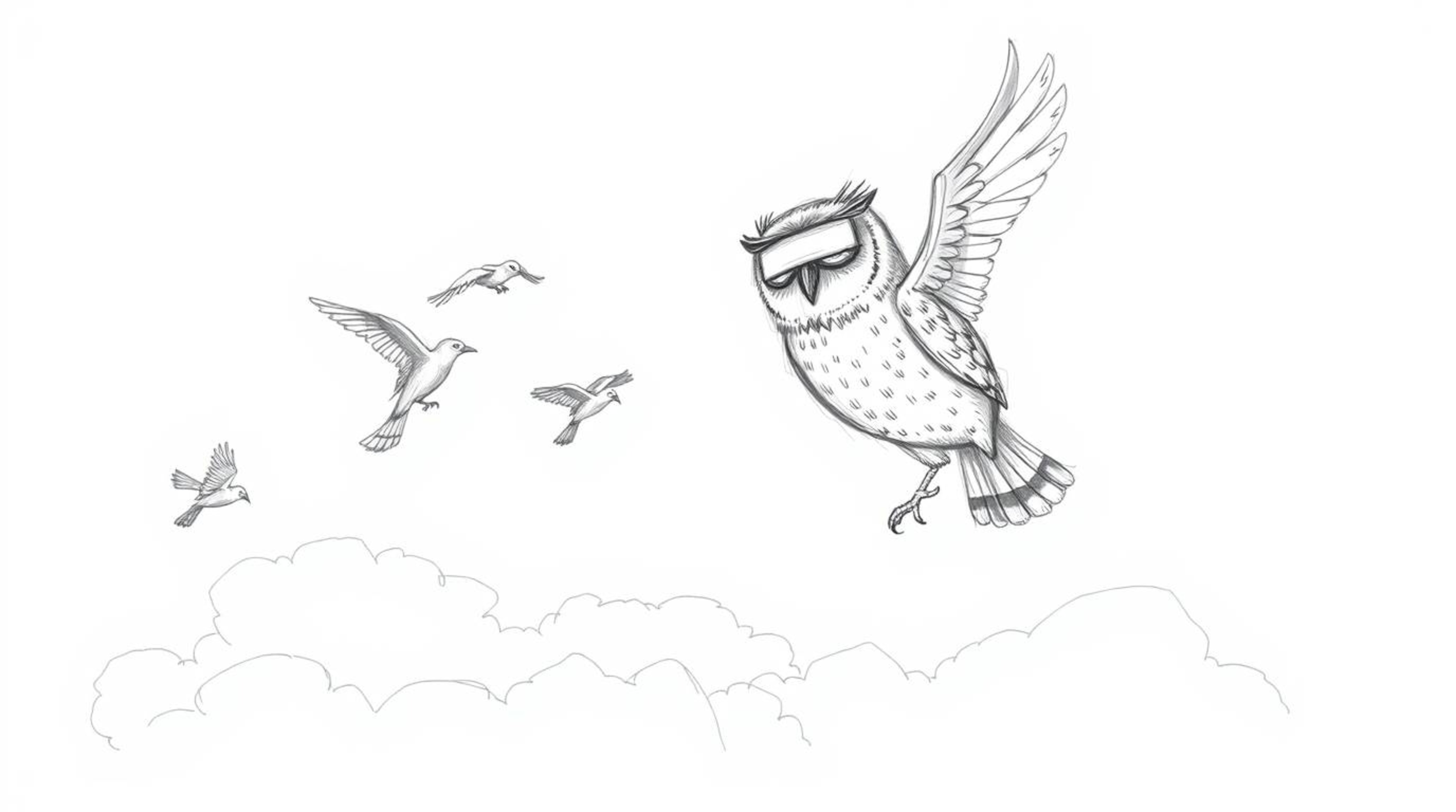 A heartwarming hand-drawn pencil sketch in the style of Pixar depicts a proud, blind owl guiding a flock of birds as they lea