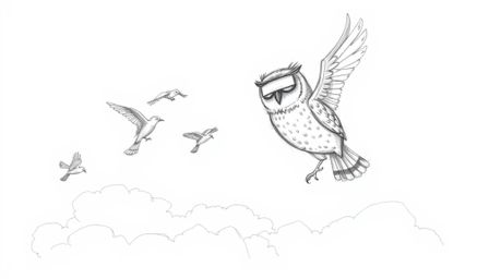 A heartwarming hand-drawn pencil sketch in the style of Pixar depicts a proud, blind owl guiding a flock of birds as they lea