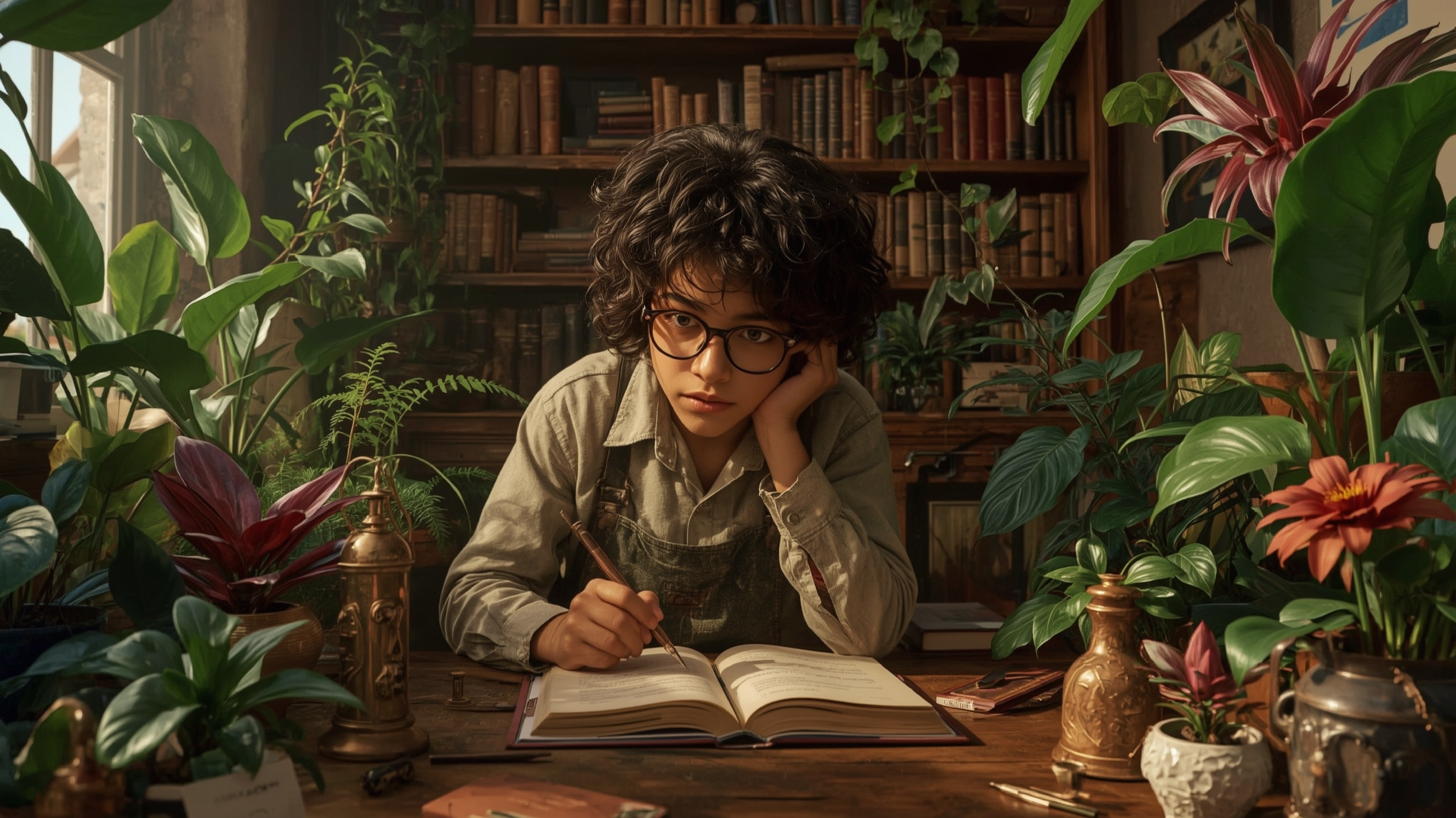 In a highly detailed and vibrant cinematic photograph, a bright-eyed, curly-haired young genius is captured in their cozy, bo