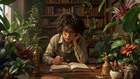 In a highly detailed and vibrant cinematic photograph, a bright-eyed, curly-haired young genius is captured in their cozy, bo