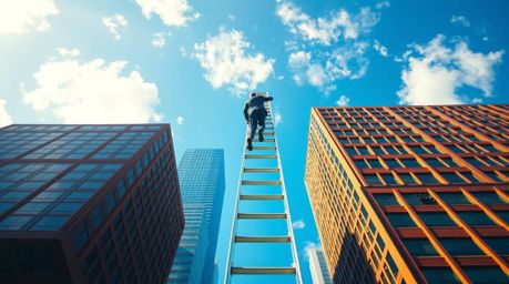 A vibrant, cinematic image depicts a businessperson ascending a transparent ladder that disappears into a blue sky above towe