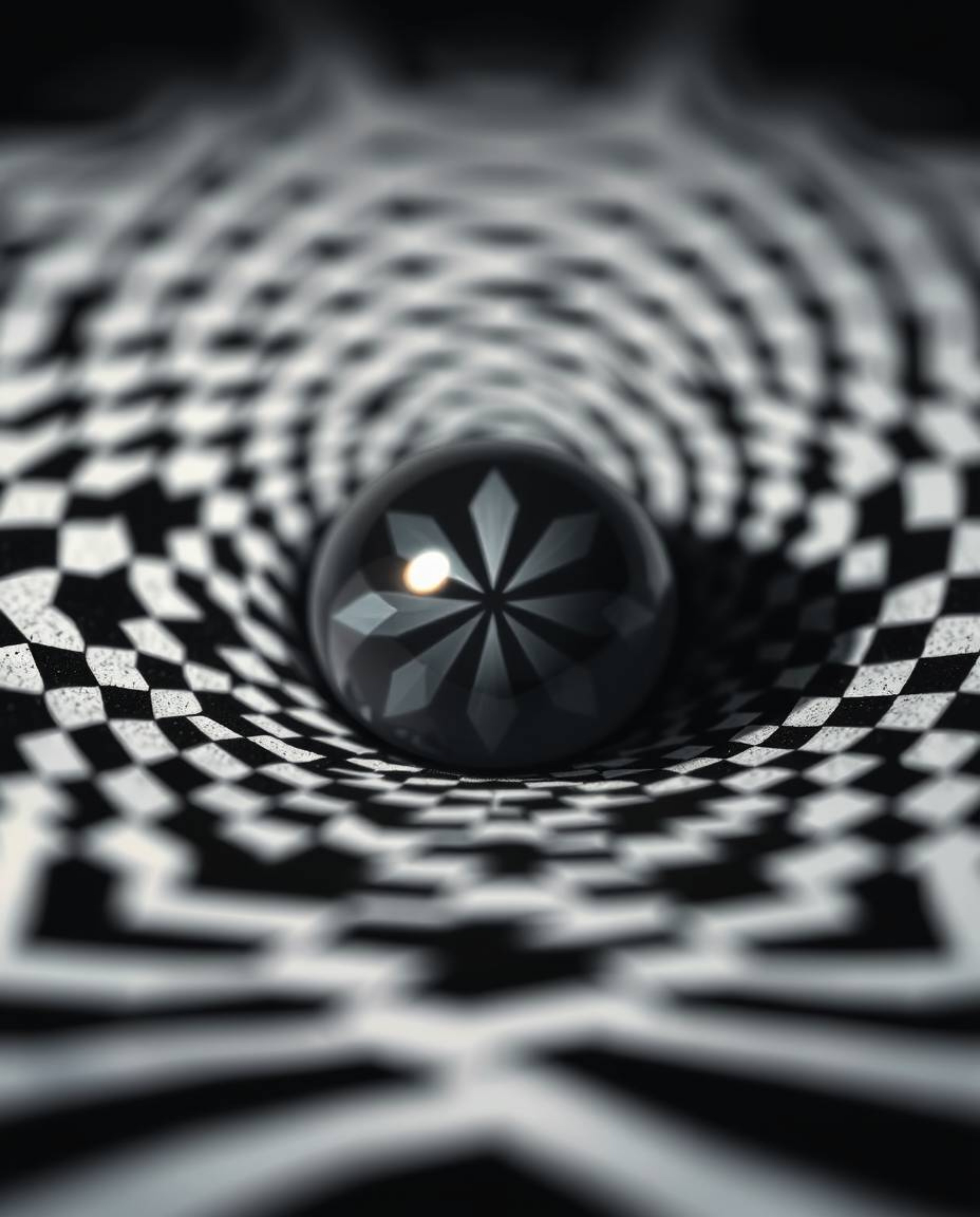 Explore an Isekai anime world in extreme macro detail, featuring a mesmerizing black and white geometric optical illusion pat