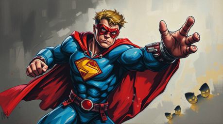 This artwork showcases a bold acrylic painting of a superhero engaged in a comical battle with a silly villain. The artist em