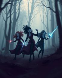 A group of friends with unique powers are captured in a dynamic, in-motion scene as they explore a foggy forest. The rich bur