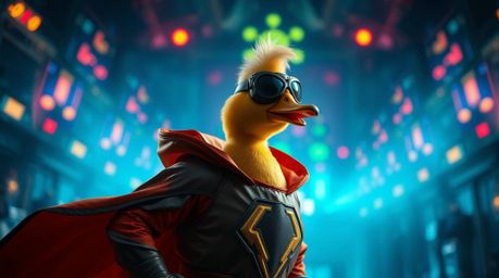 A vibrant and captivating photograph showcases a superhero duck in a zany, eye-catching costume. The scene is grand and epic,